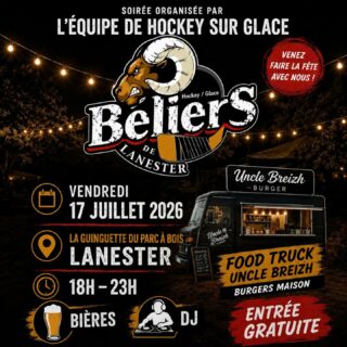 🏒🔥 Les Béliers de Lanester vous donnent rendez-vous pour LA soirée de l'été ! 🔥🏒

Que vous soyez passionné de hockey, amateur de bonne musique ou simplement à la recherche d'une soirée conviviale entre amis ou en famille, cette soirée est faite pour vous !

📅 Vendredi 17 juillet 2026
📍 La Guinguette du Parc à Bois – Lanester
🕕 18h à 23h
🎟️ Entrée gratuite

Au programme : 
🍔 Food Truck Uncle Breizh (burgers maison)
🍺 Bières bien fraîches
🎧 DJ pour mettre l'ambiance
🏒 Et surtout... la bonne humeur des Béliers !

Venez partager un moment festif avec l'équipe de hockey sur glace de Lanester. On vous attend nombreux pour lancer l'été comme il se doit ! 🤘

👉 Invitez vos amis et rendez-vous le 17 juillet !