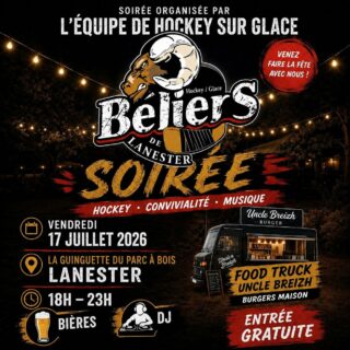 C'est demain !! Rdv ce vendredi 17 juillet entre 18h et 23h à la guinguette du Parc à Bois de Lanester pour passer une soirée avec Les Béliers de Lanester ! 🔥🏒

Toutes les infos 👇

📅 Vendredi 17 juillet 2026
📍 La Guinguette du Parc à Bois – Lanester
🕕 18h à 23h
🎟️ Entrée gratuite

Au programme :
🍔 Food Truck Uncle Breizh (burgers maison)
🍺 Bières de la brasserie artisanale "la belle joie" 
🎧 DJ pour mettre l'ambiance
🏒 Et surtout... la bonne humeur des Béliers !

Venez partager un moment festif avec l'équipe de hockey sur glace de Lanester. On vous attend nombreux pour lancer l'été comme il se doit ! 🤘

👉 Invitez vos amis et rendez-vous le 17 juillet !